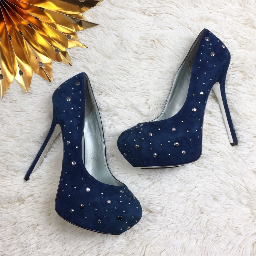 H by Halston Platform Studded Blue Suede Heels 8